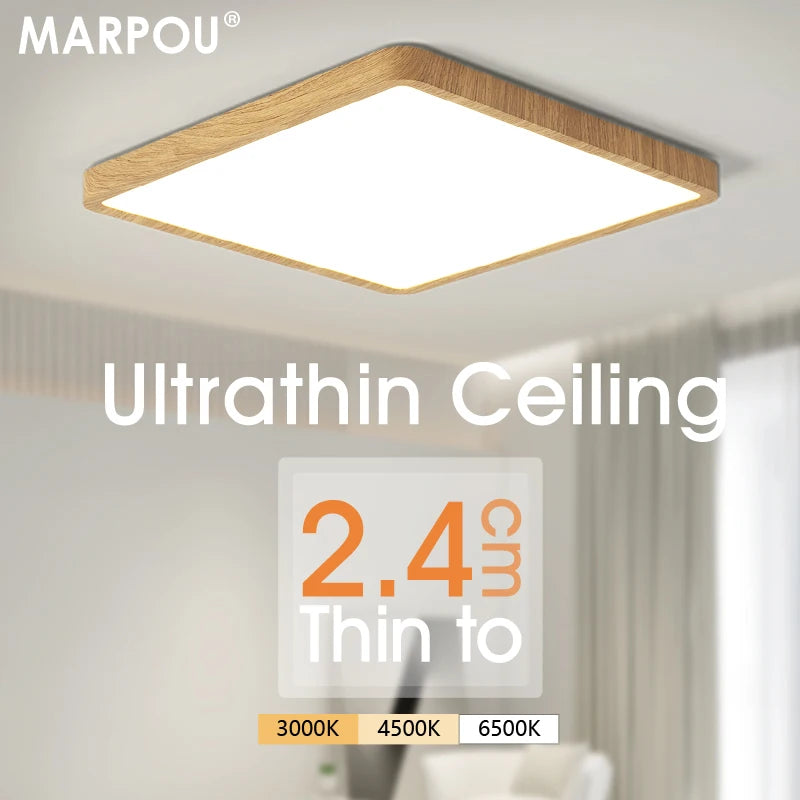 MARPOU 2.4cm Ultra thin led ceiling light Square Wood Grain ceiling lamps for living room 220V 110V led lights for room Bedroom Maison Lumen